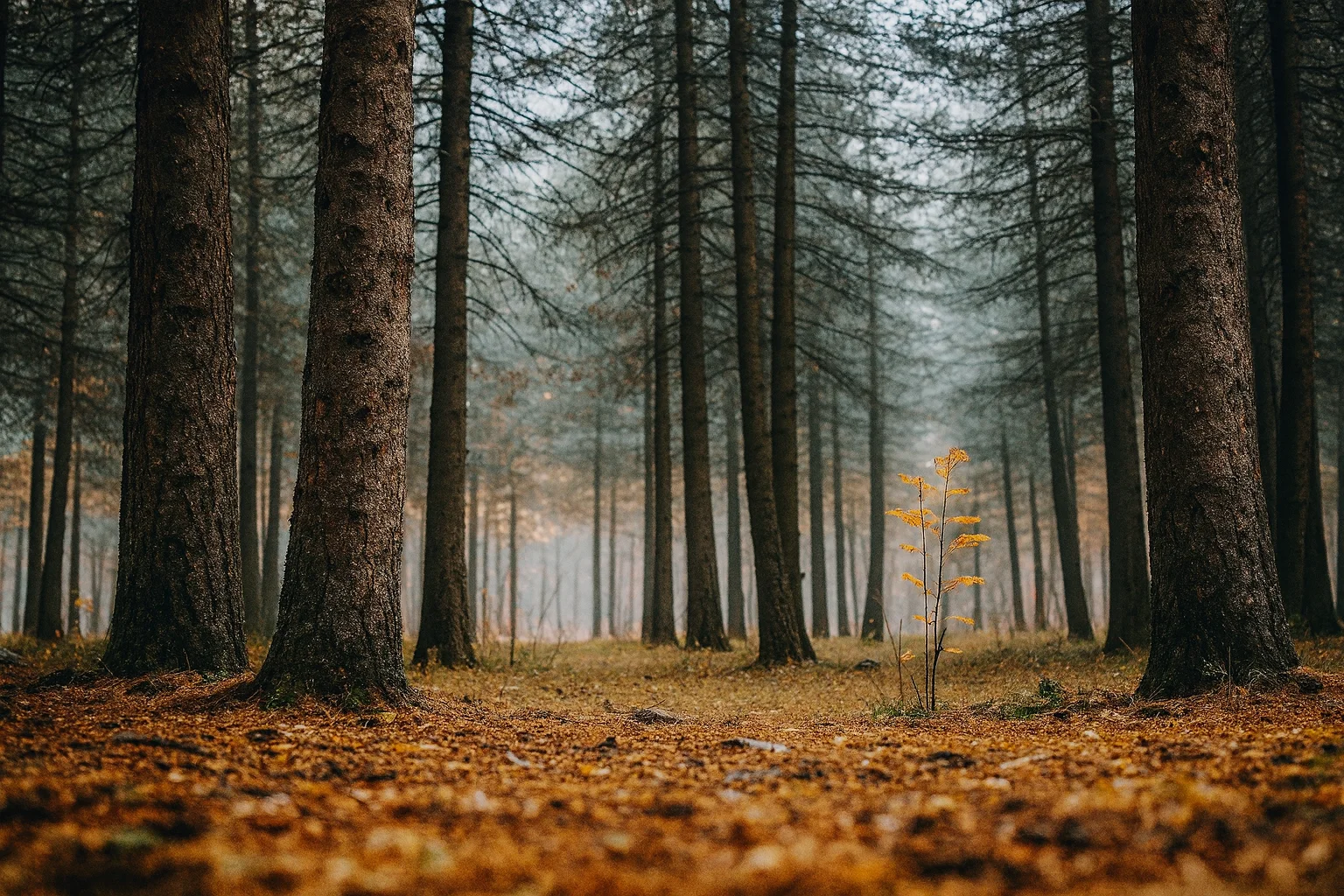 陽光に照らされた静かな秋の森