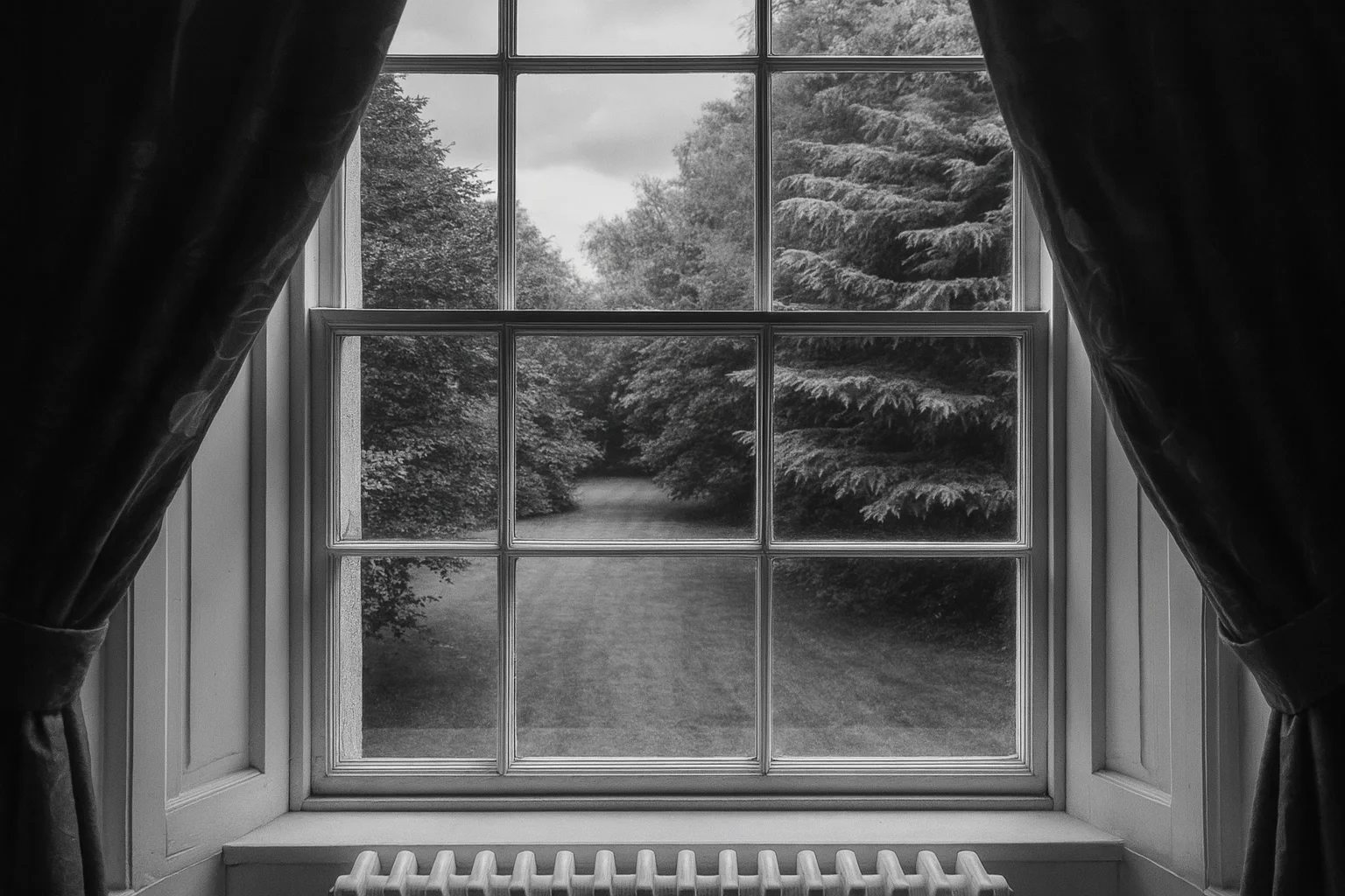 Vista de jardín en blanco y negro a través de la ventana