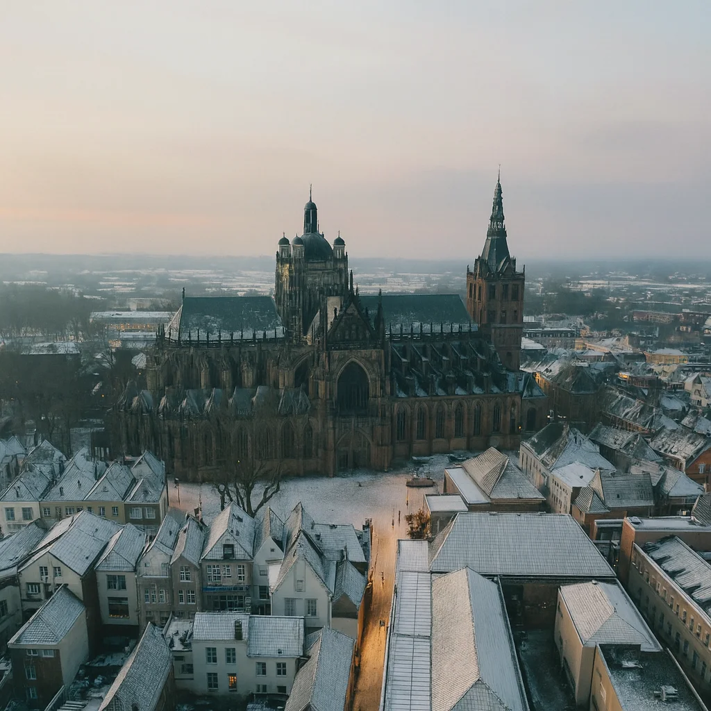 Foto aérea de la catedral y la ciudad nevada