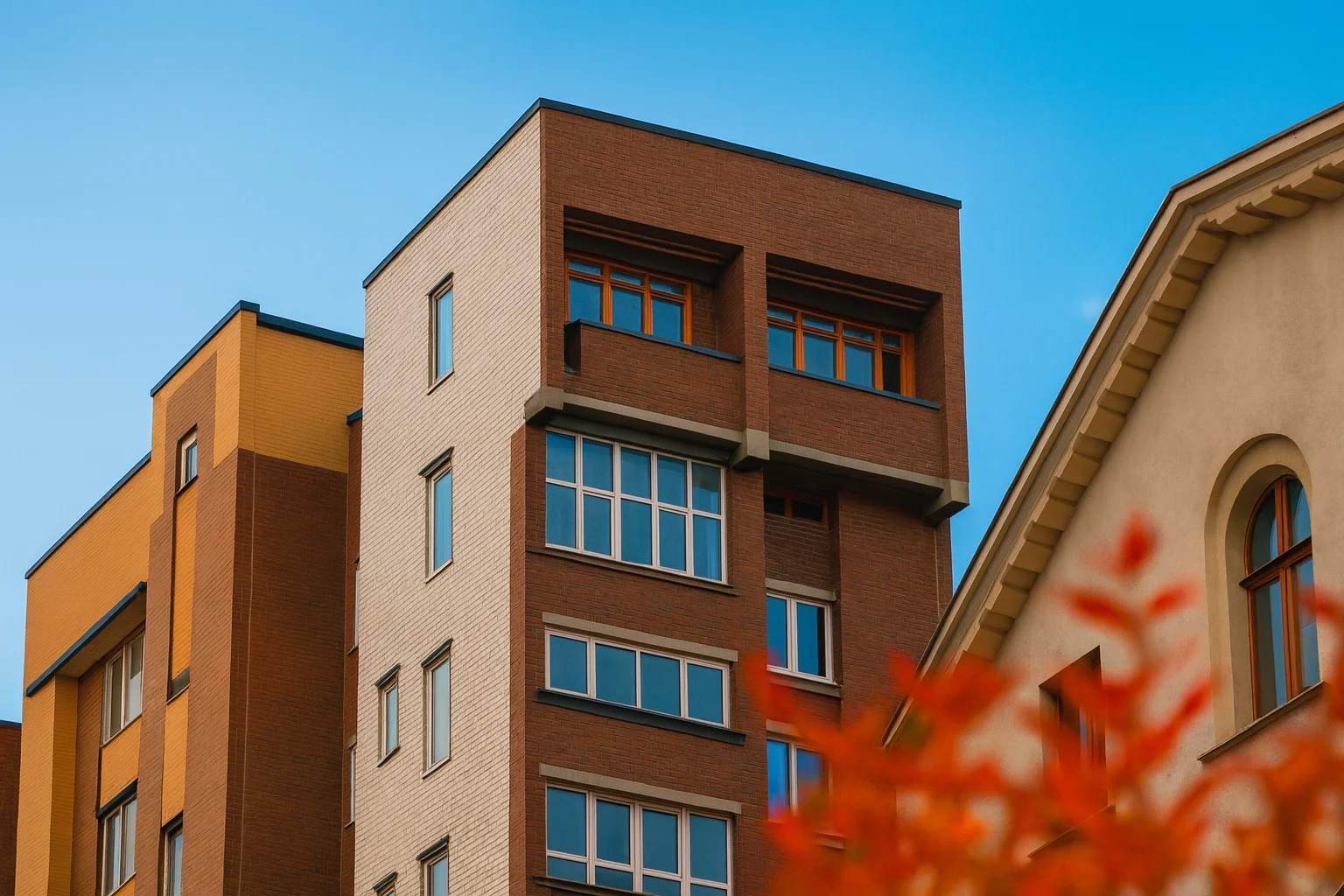 Fachada de apartamento con hojas de otoño en primer plano