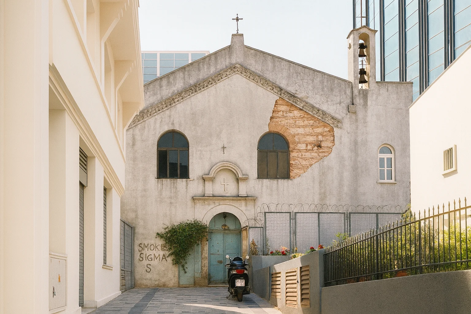 狭窄通道中的老建筑和摩托车