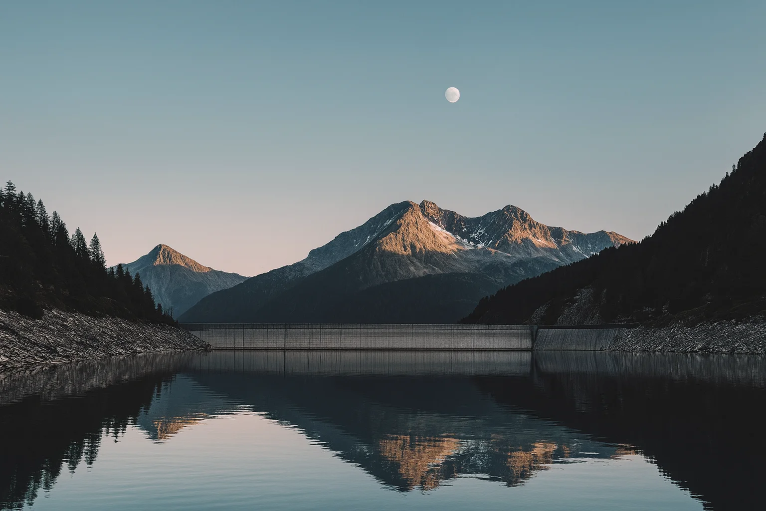 Отражения заката на тихом горном озере