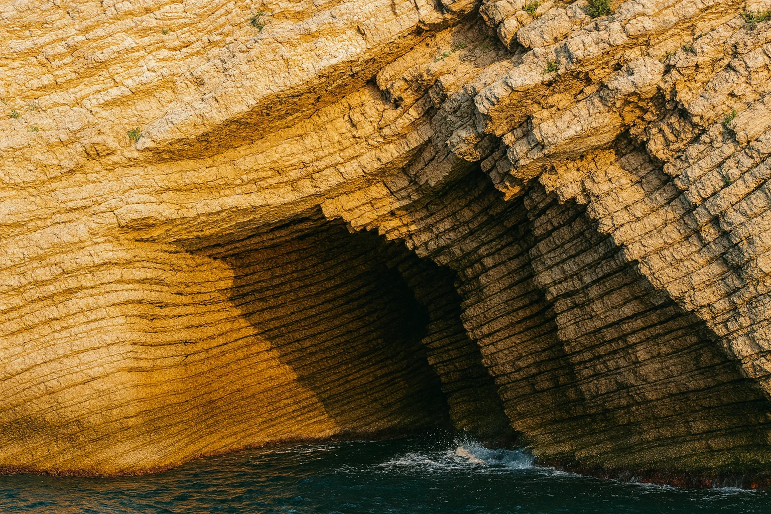 Đá tầng chiếu sáng và hang biển ven bờ.