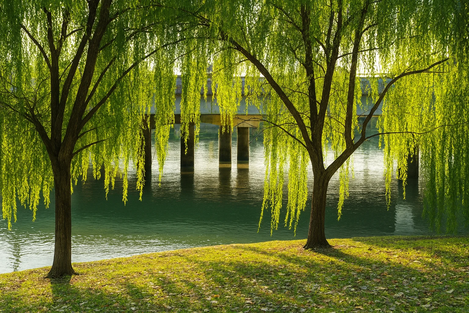 Dois salgueiros iluminados pelo sol à beira do rio com uma ponte ao fundo.