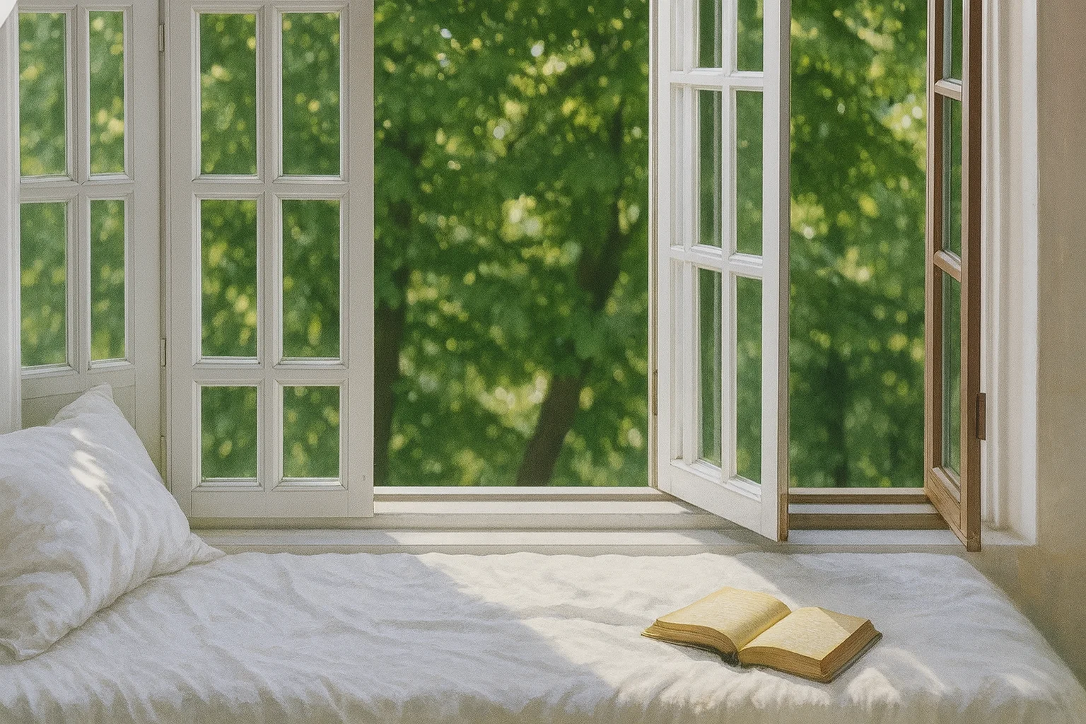 Güneş ışığı alan yatak üzerinde açık duran eski kitap ve açık pencere