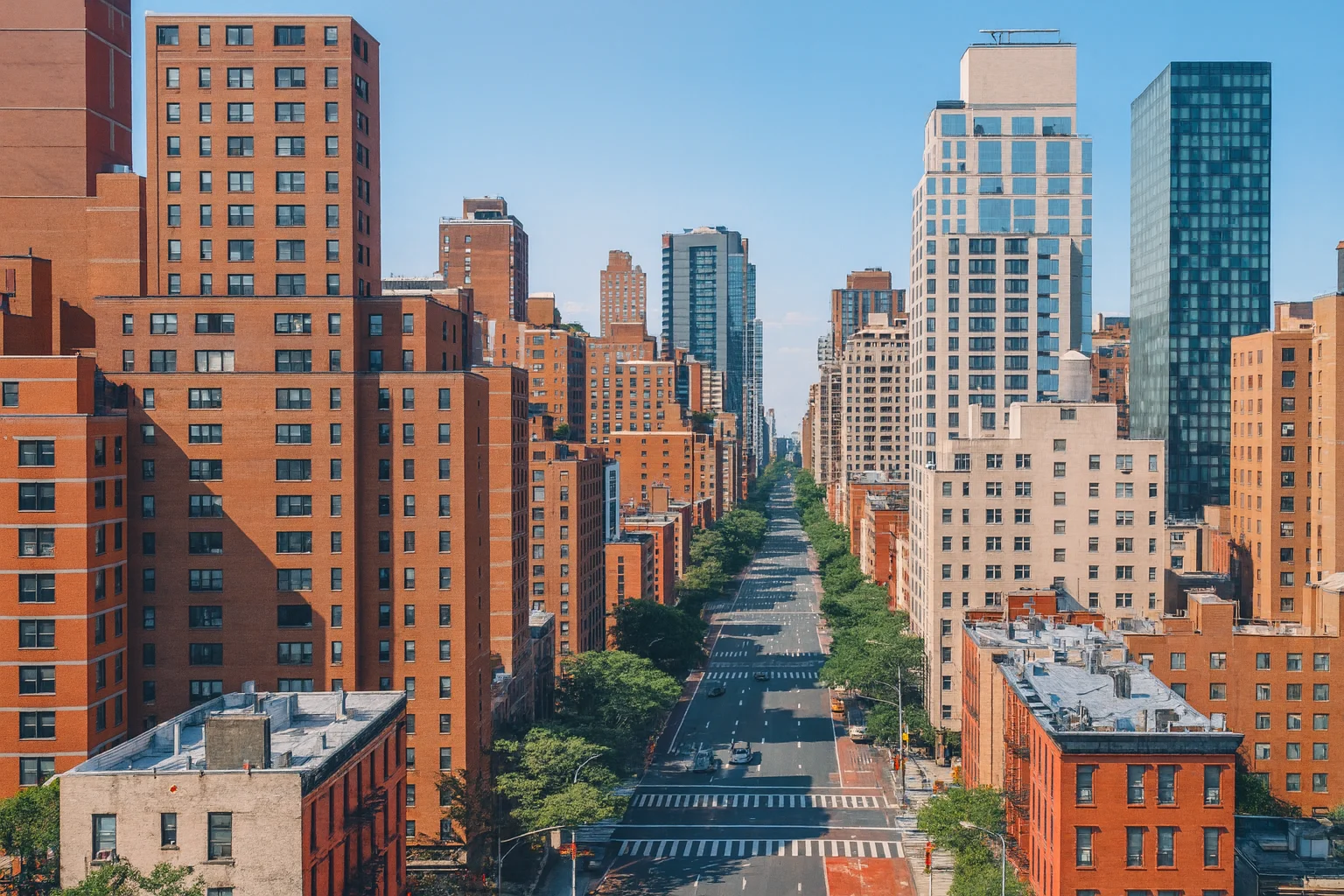 Aerial view of a city boulevard between tall buildings