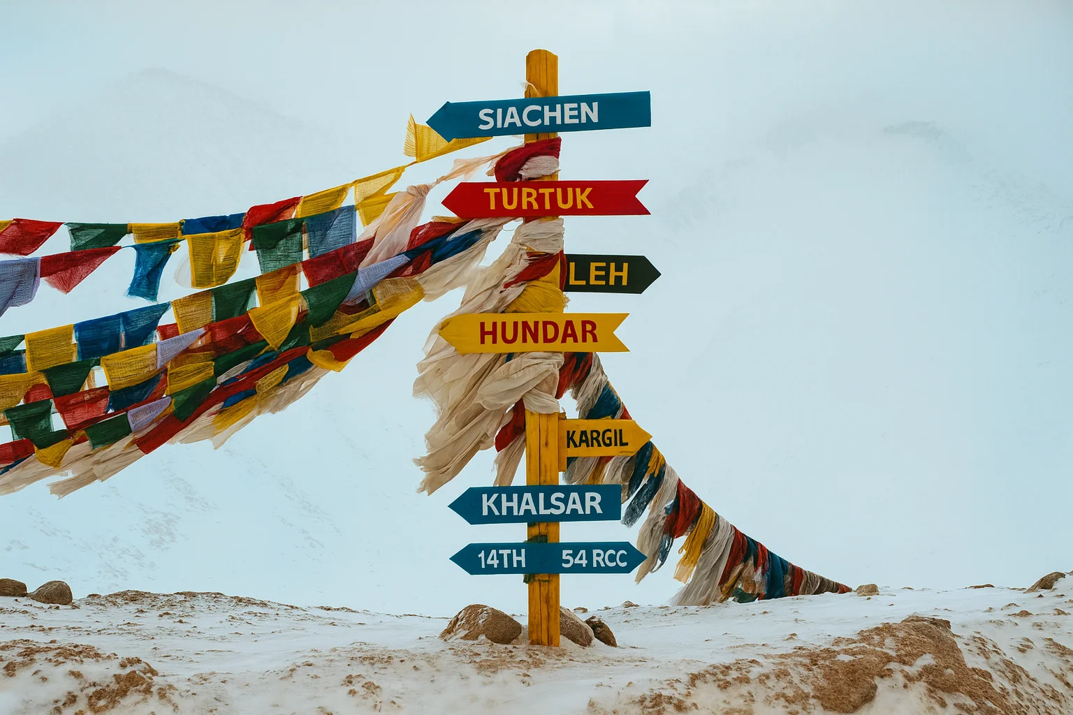 Biển chỉ dẫn nhiều màu tại đèo núi phủ tuyết kèm cờ cầu nguyện
