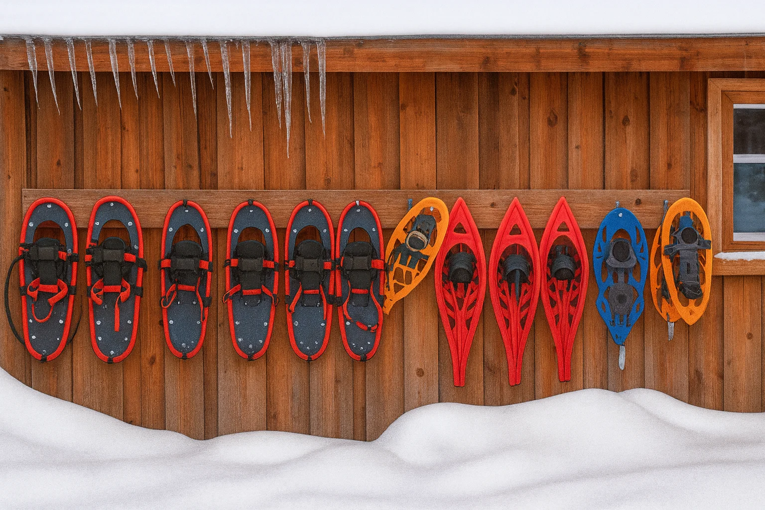 Colorful snowshoes hanging on a wooden wall with a snowy winter landscape.