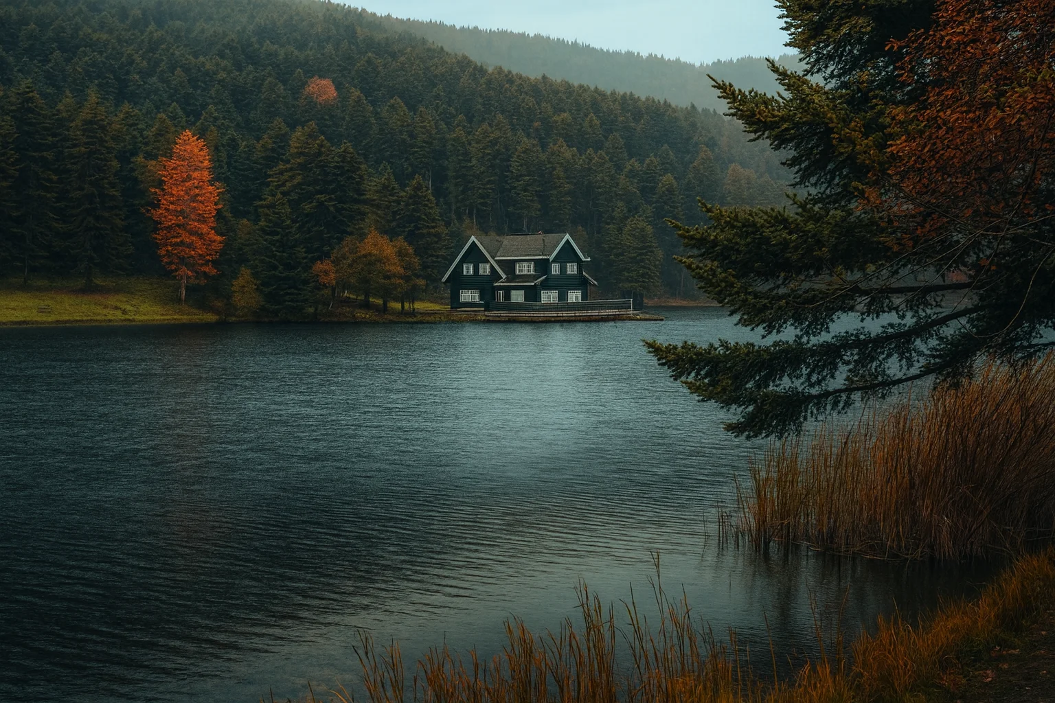 A house surrounded by forests beside a misty lake.