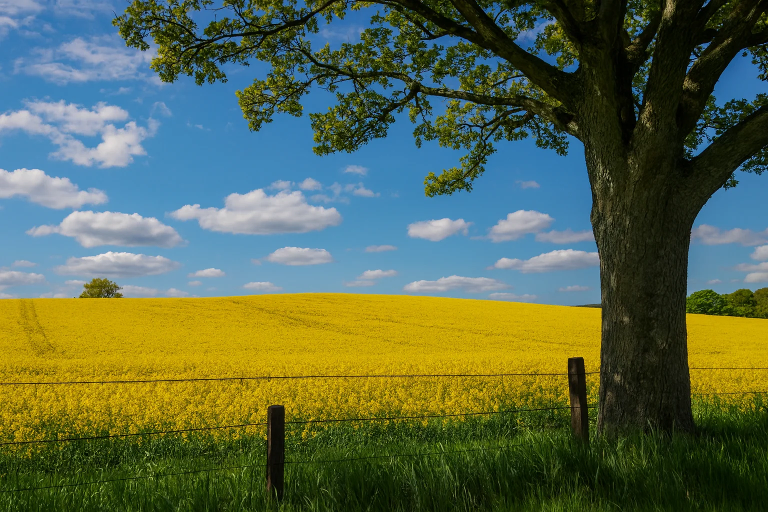 A yellow flower field with a large tree casting shade.