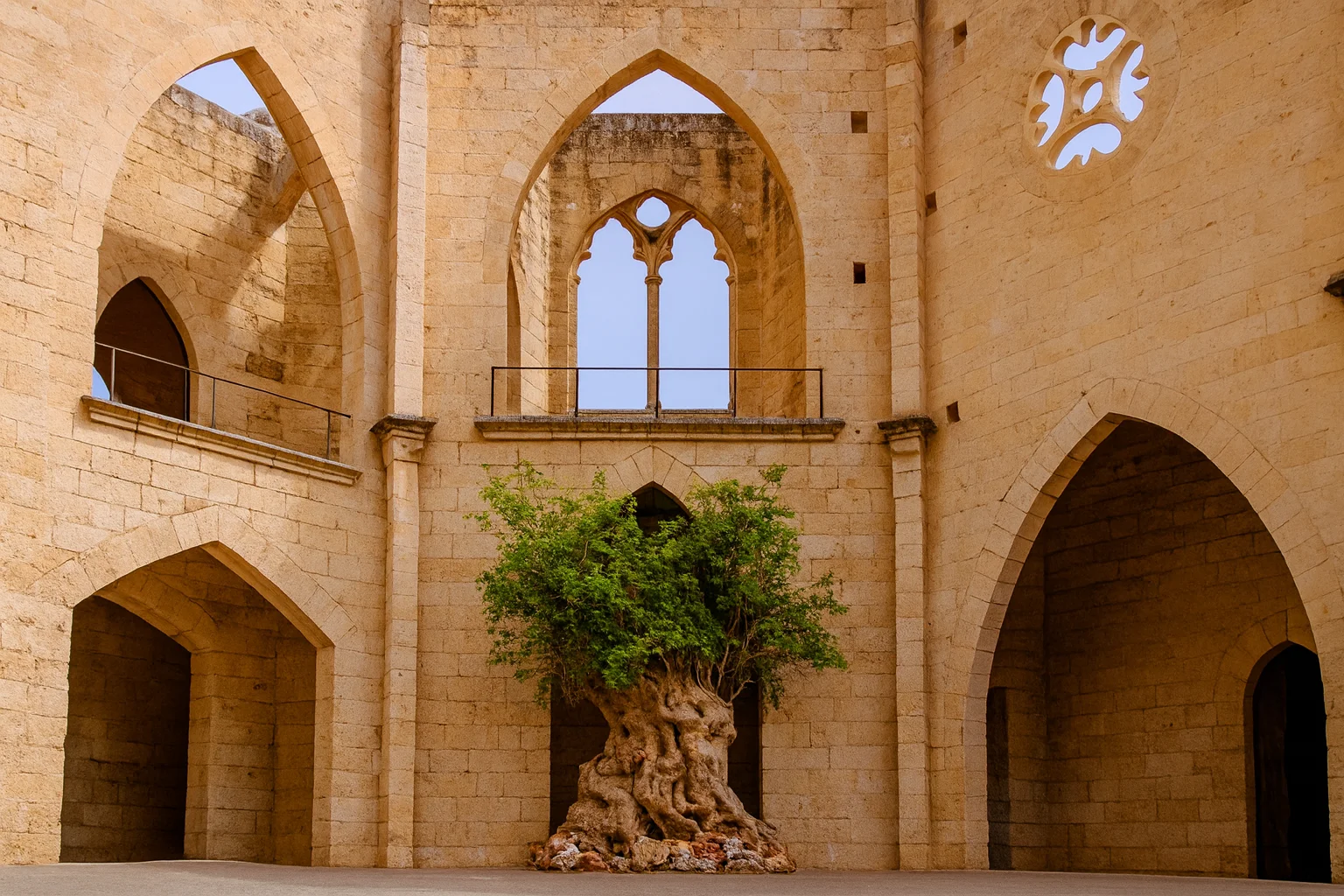 An old tree in the courtyard of a Gothic structure.